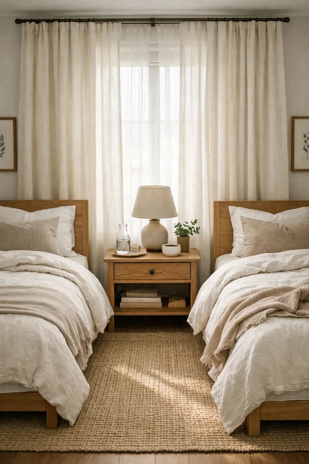 Soft curtains bring texture and warmth to a cozy twin bed guest room.