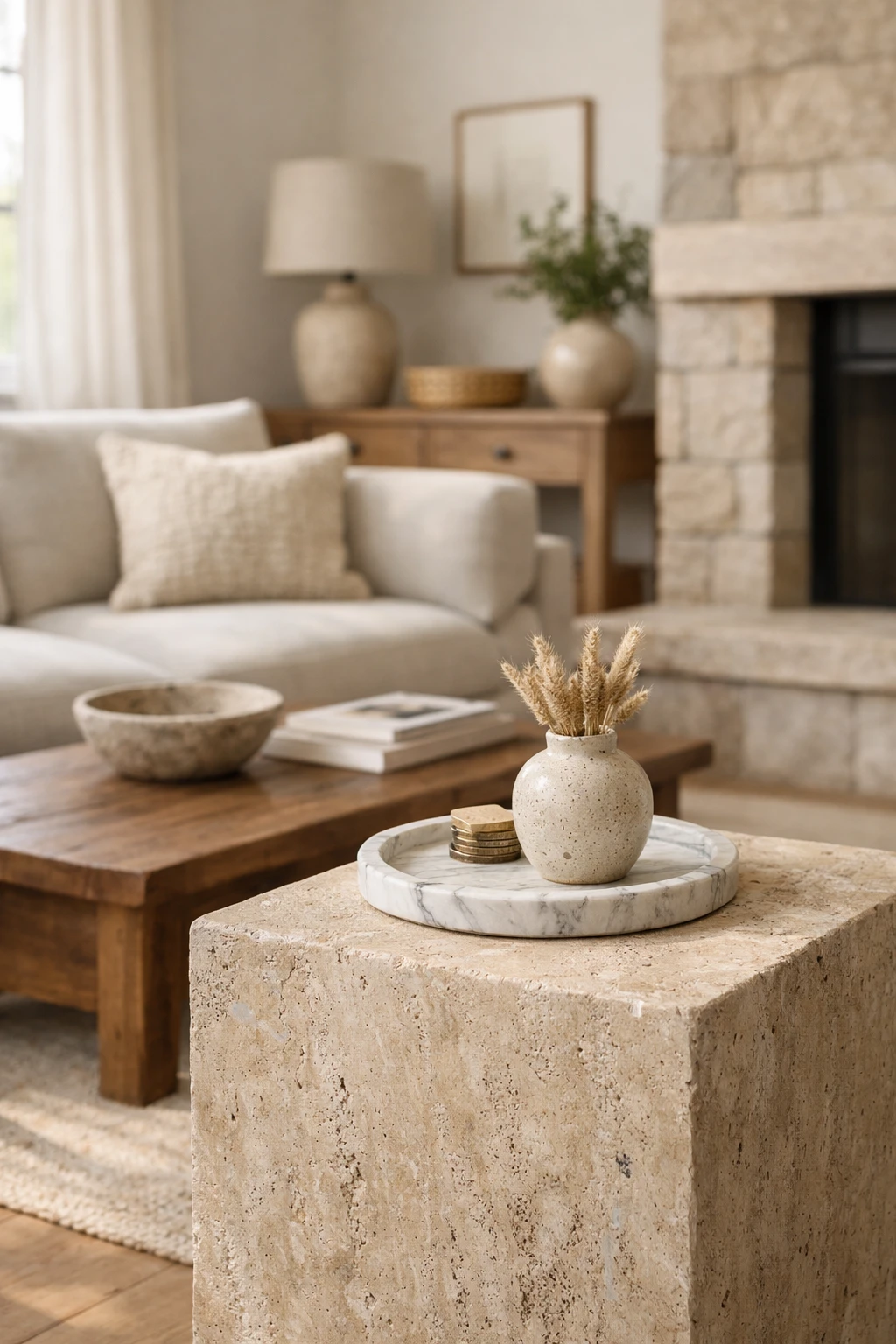 A living room with marble and travertine accents adding depth and elegance to the space.