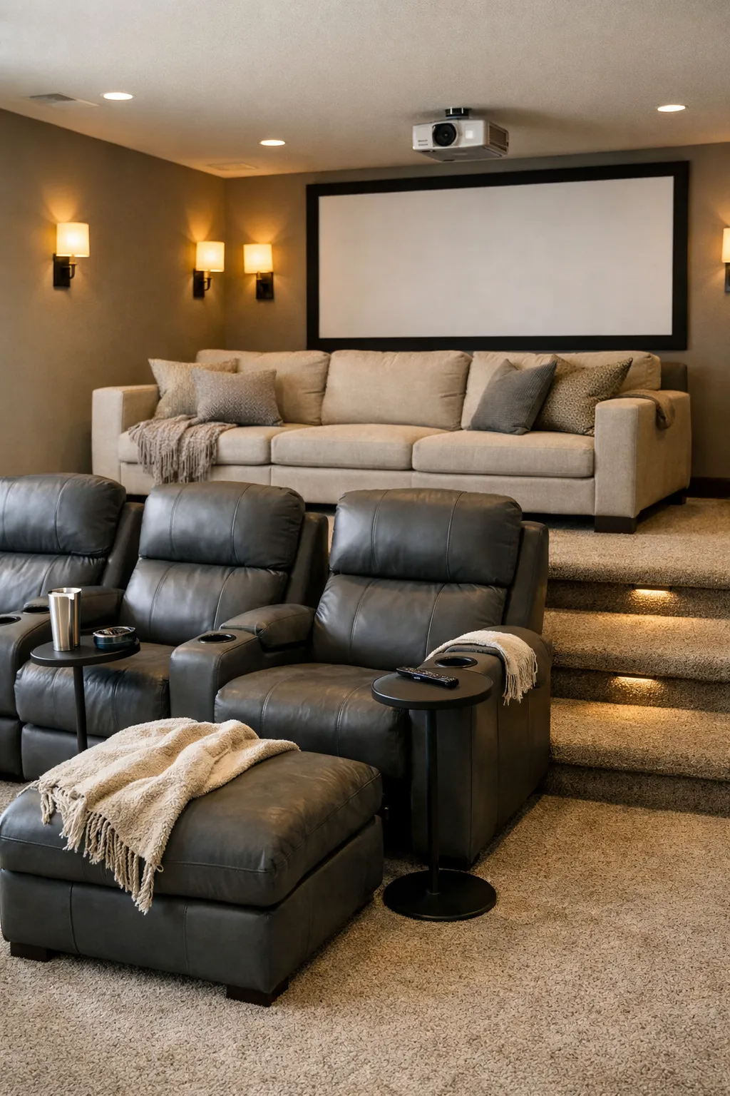 A large basement home theater with tiered seating and a warm cinematic layout.