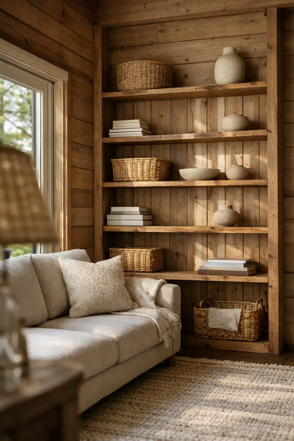 Small cabin living room with tall vertical shelving for smart storage