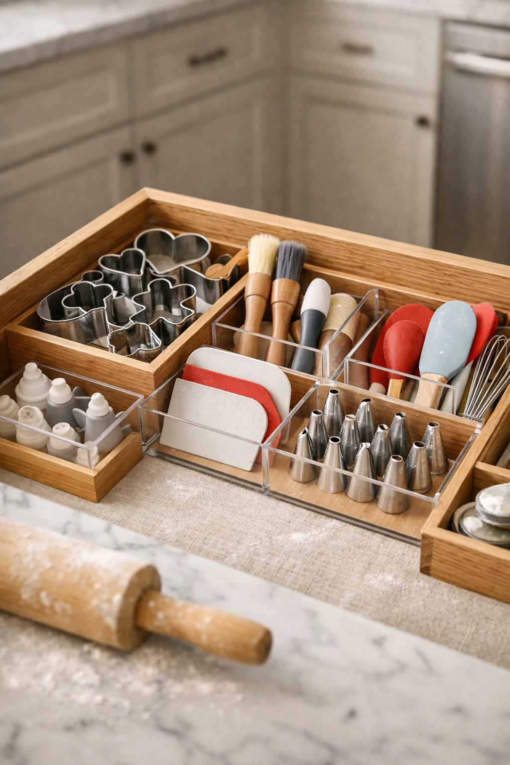 Kitchen drawer organized with cookie cutters, pastry brushes, and baking tools.