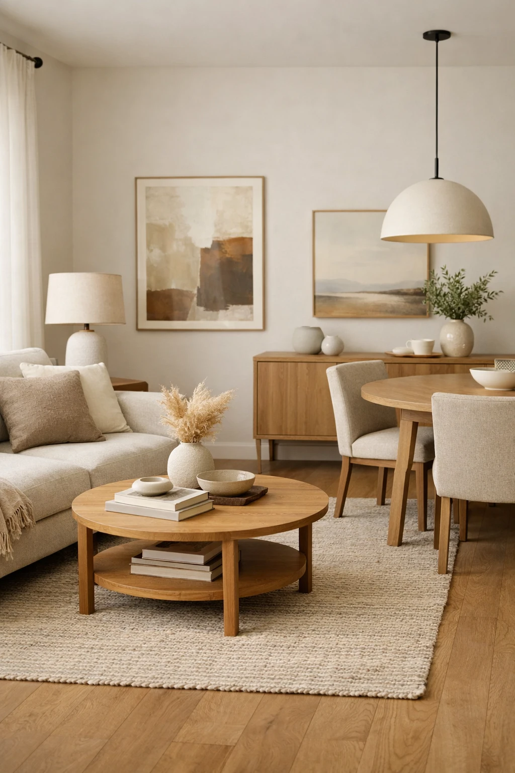 A balanced open room where the dining side includes art, lighting, and storage to match the living area.