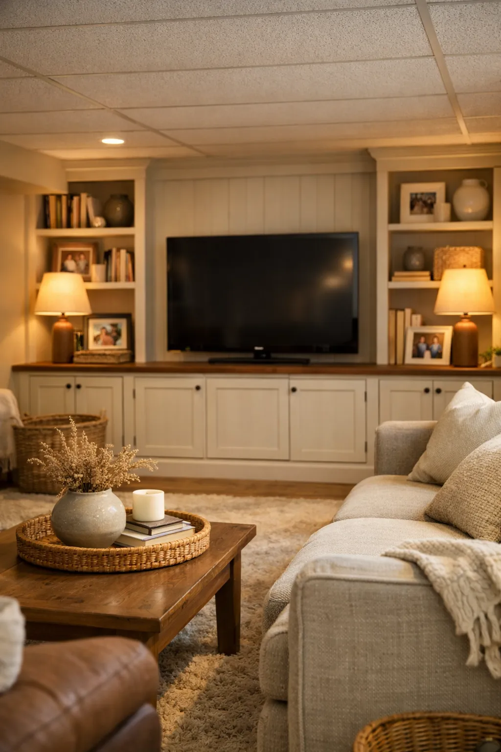 A cozy basement with built-in shelving and lower cabinets around the TV wall.