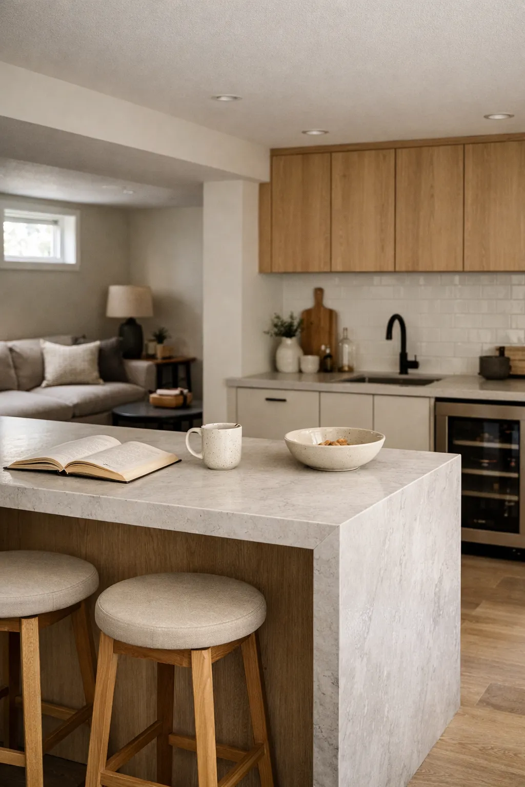 A modern basement kitchenette with a waterfall countertop and clean architectural lines.