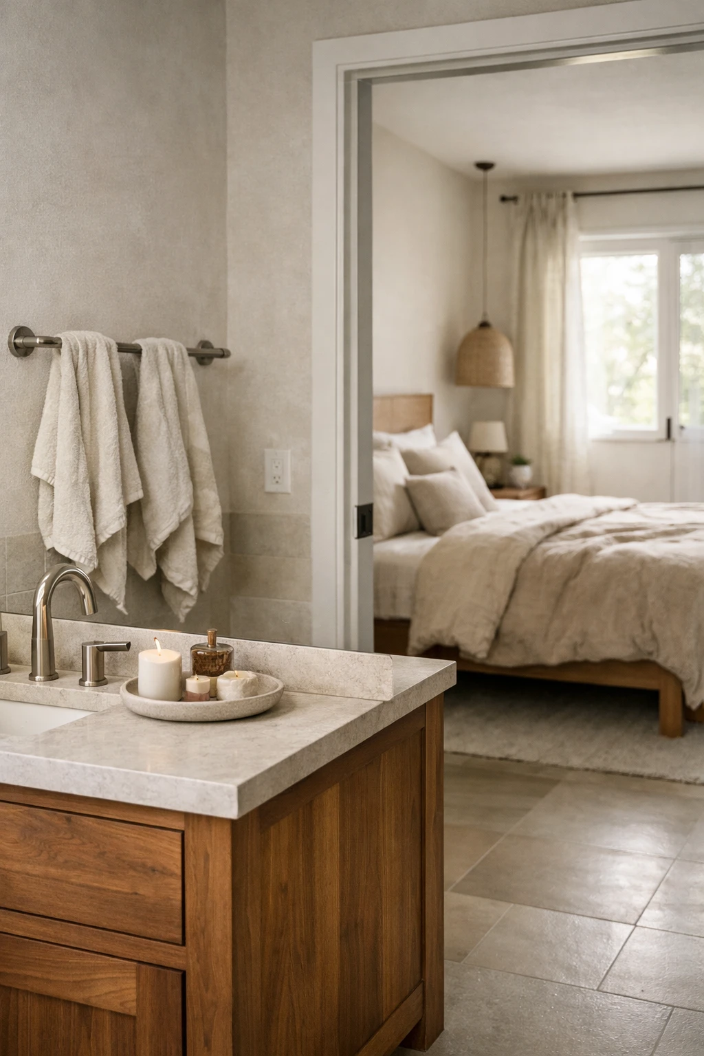 A bathroom that opens directly into a bedroom with coordinated decor.