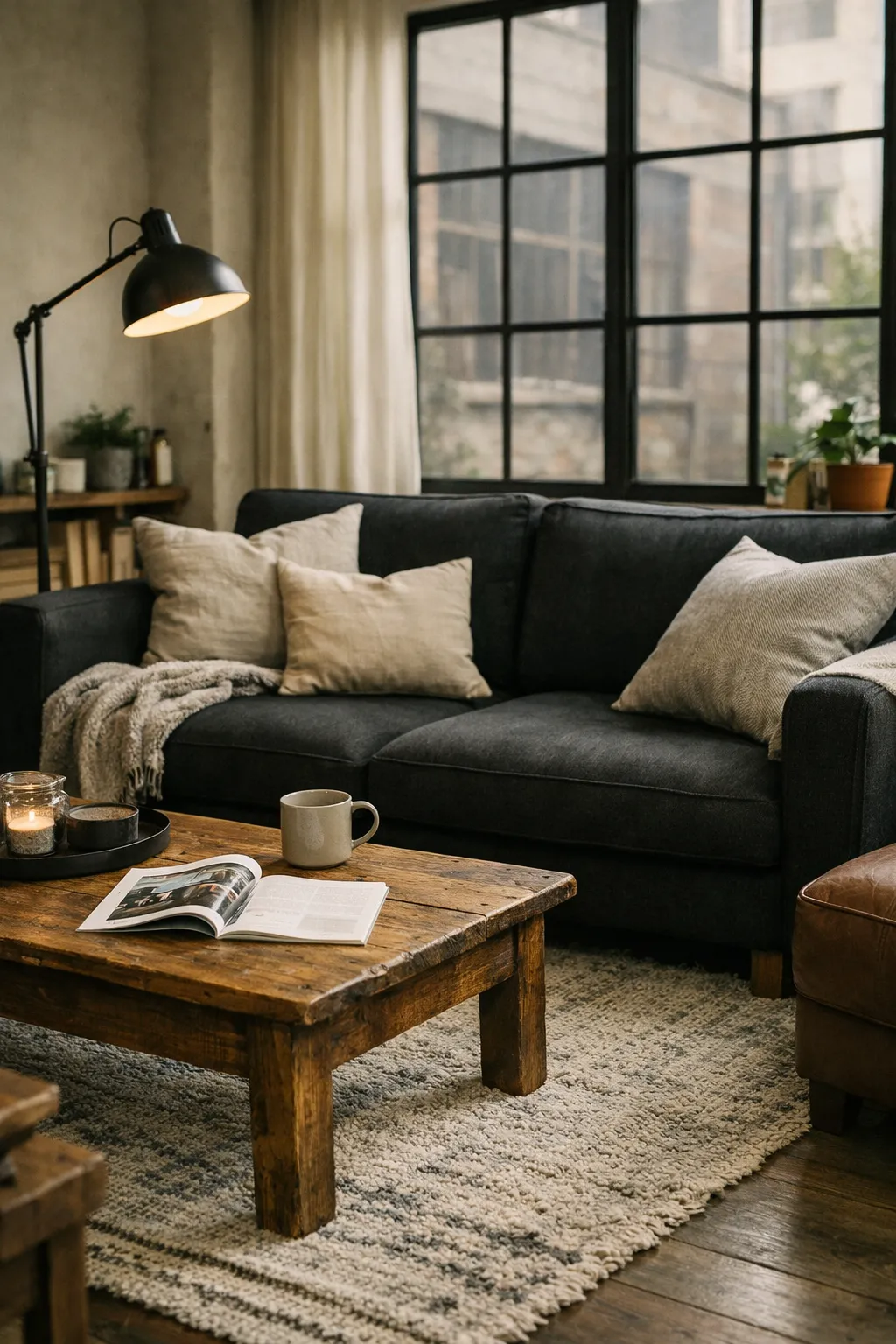 A black sofa living room with industrial styling, warm wood, metal accents, and balanced soft textures.