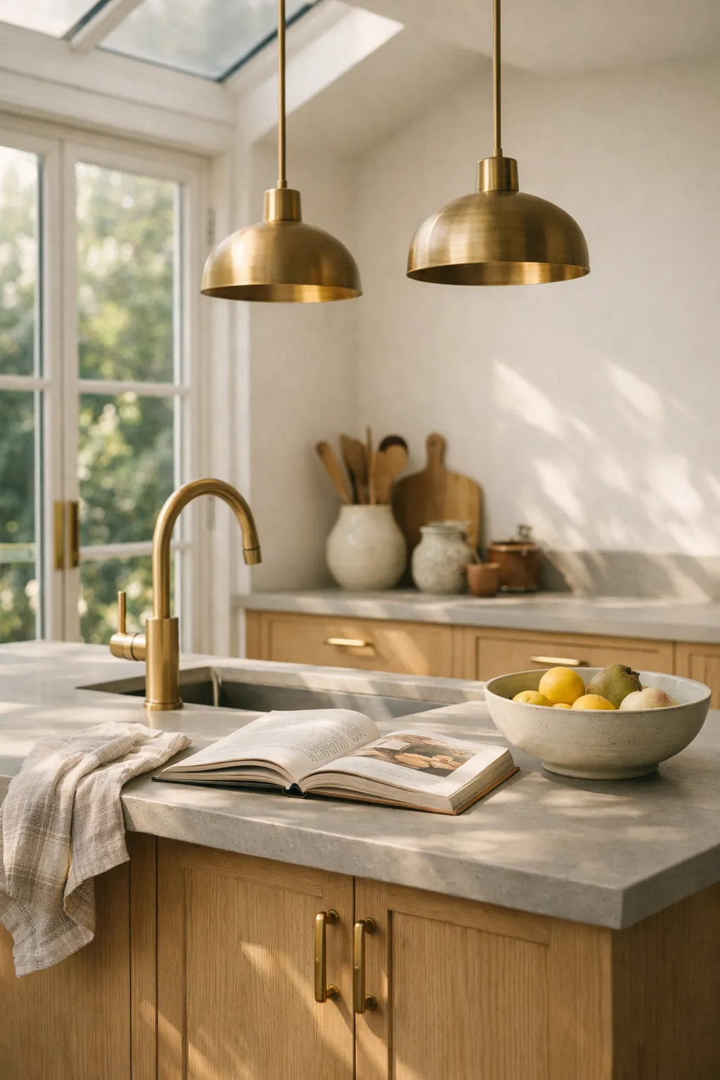 A bright kitchen with aged brass hardware, natural wood cabinetry, and warm sunlight creating a soft glow.