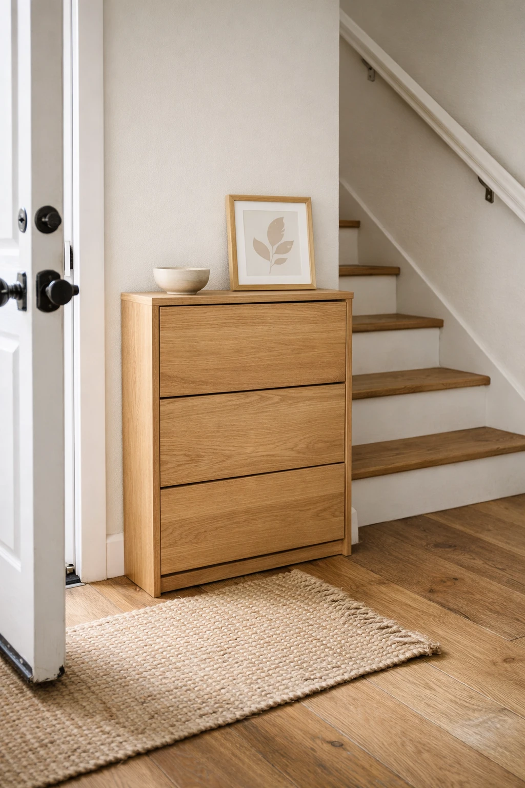 A narrow stair entryway with a slim closed shoe cabinet near the front door.
