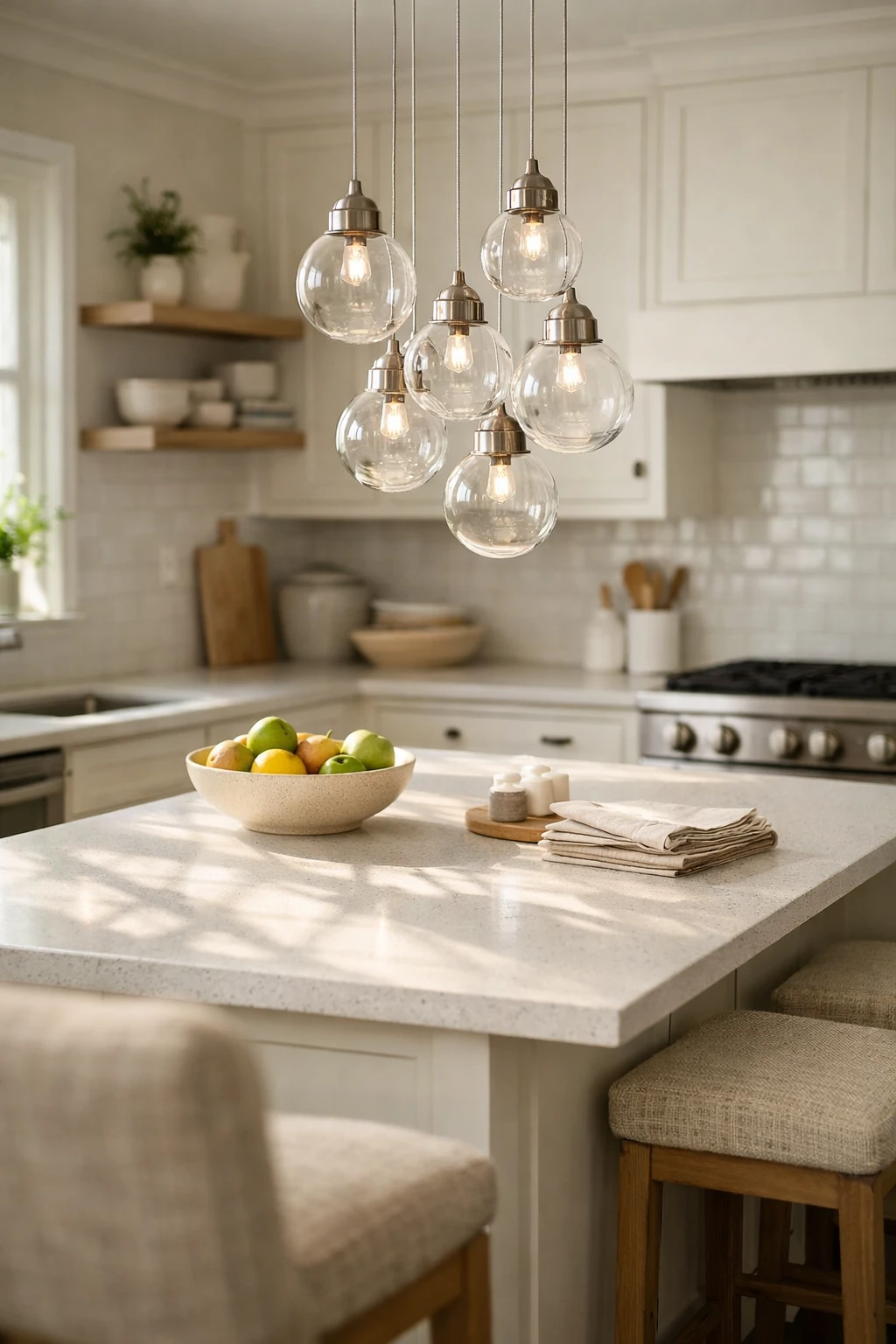 Clustered glass pendant lights at varying heights above a kitchen island