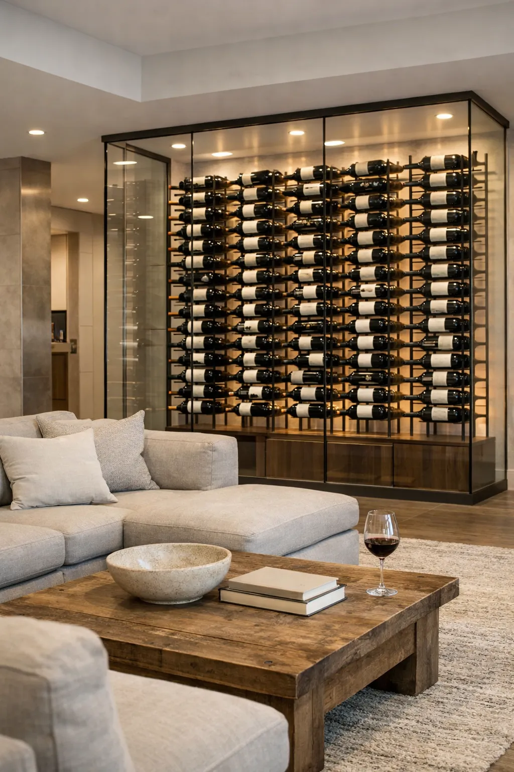 Floor-to-ceiling glass wine wall in a modern basement lounge.