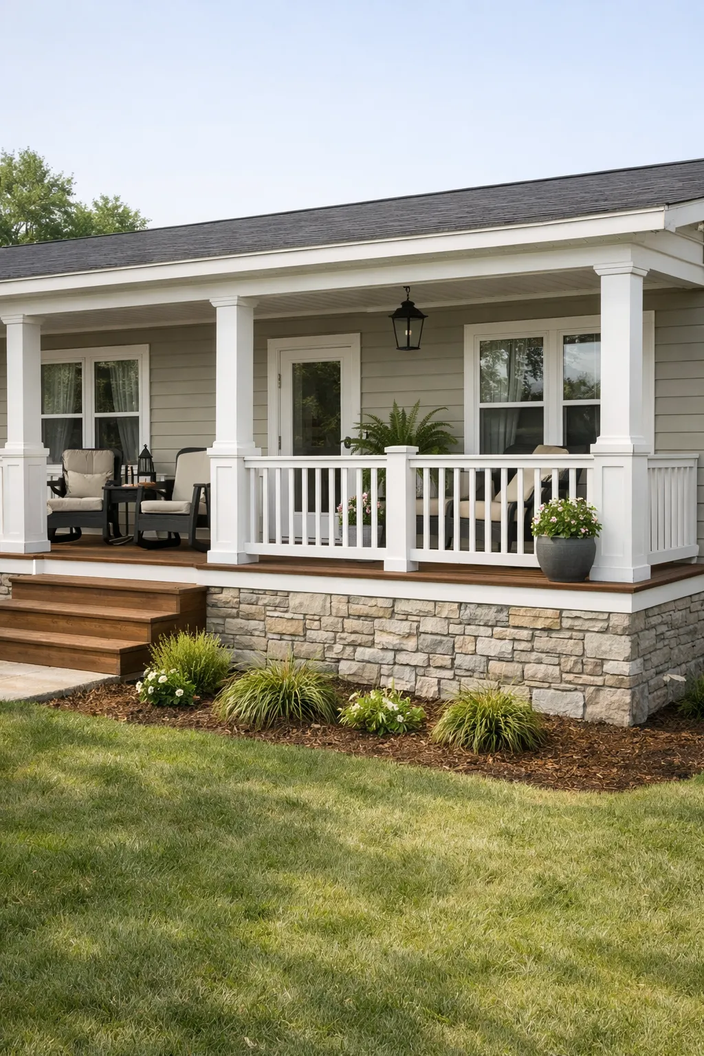 A double wide home with porch skirting that coordinates with the railing, trim, and overall front porch design.