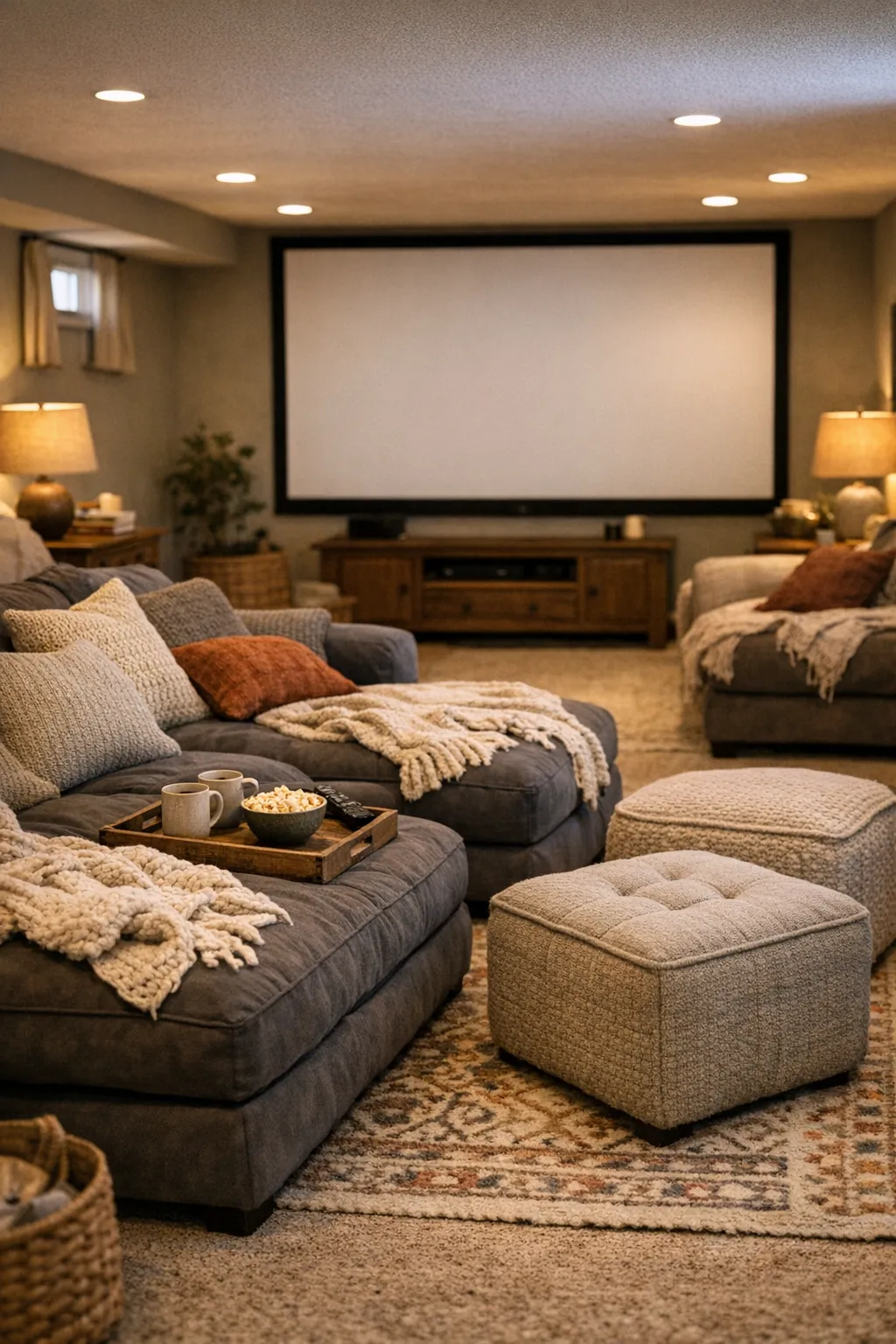 A cozy basement movie room layered with blankets, pillows, and soft textures.