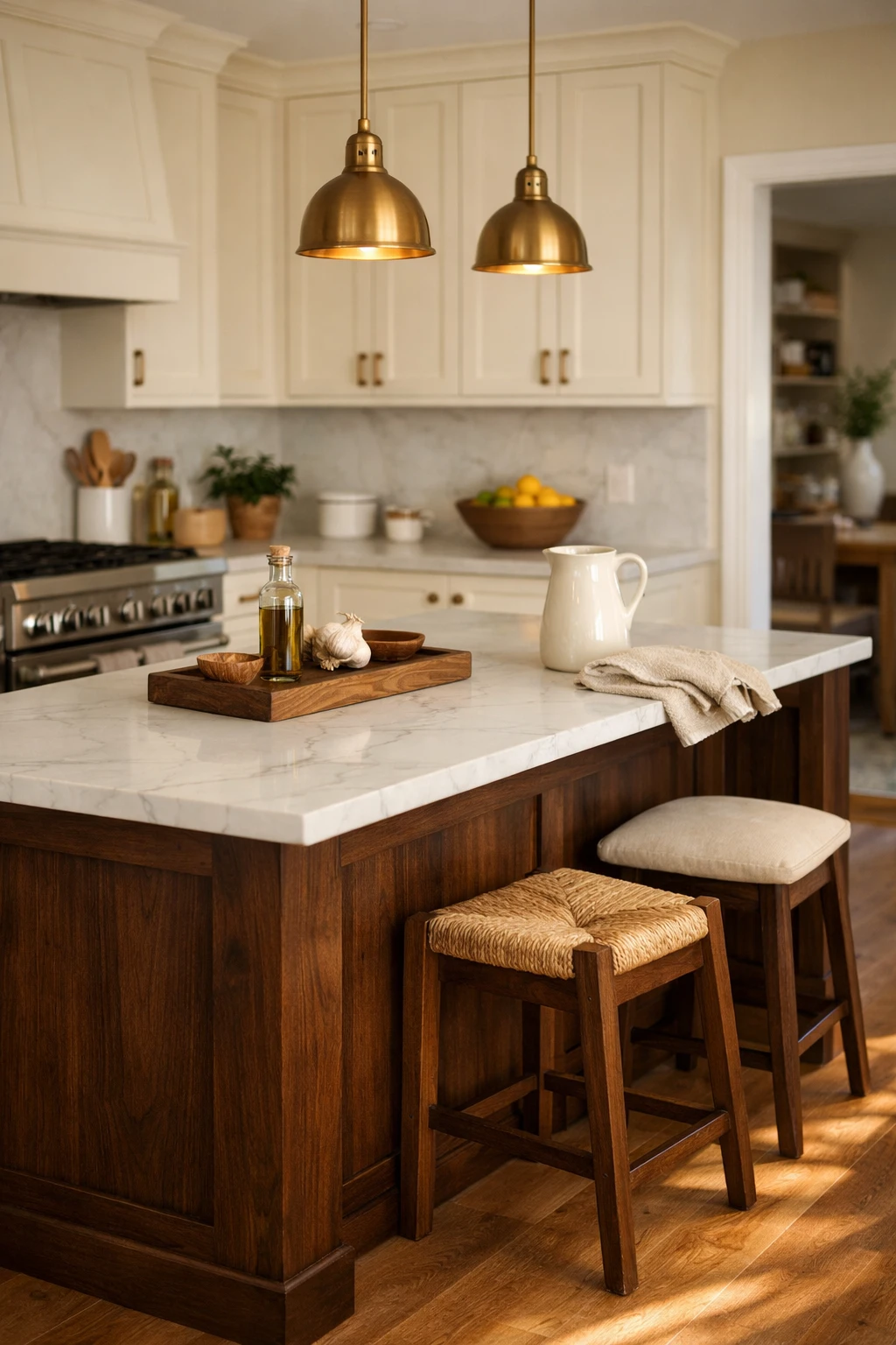 A classic kitchen with cream perimeter cabinets, a dark walnut island, and warm brass accents.