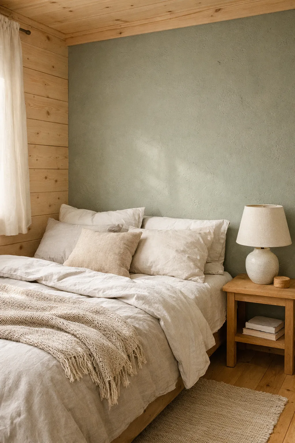 Small cabin bedroom with a muted sage green accent wall
