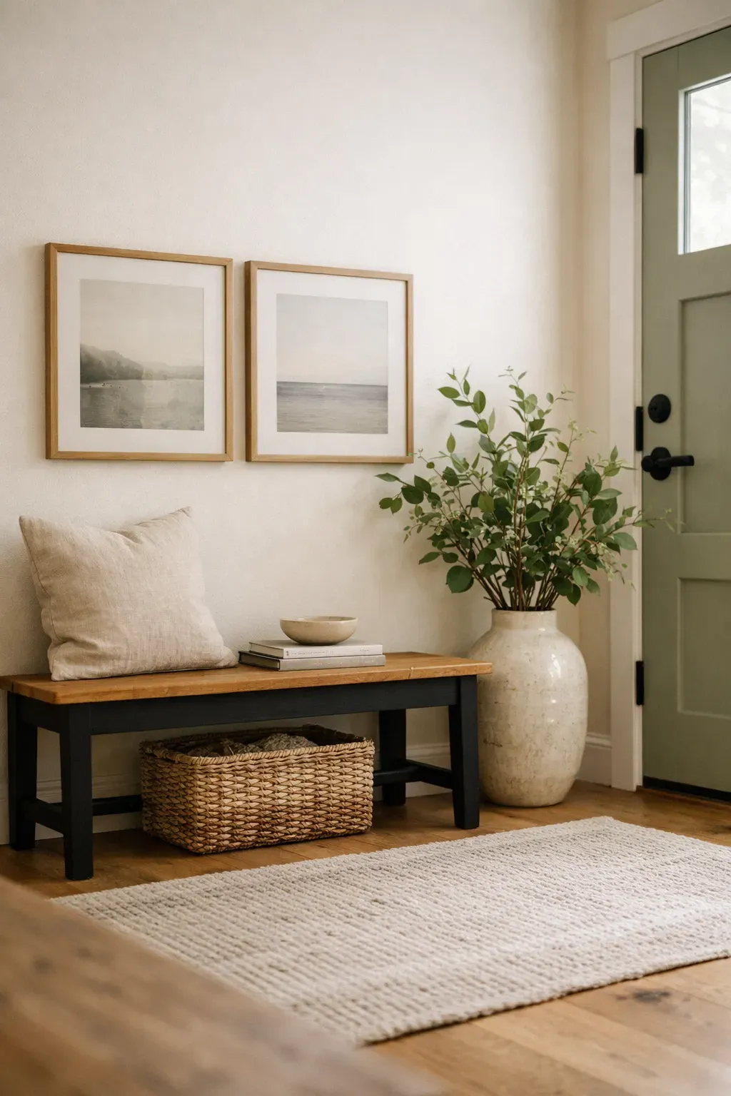 A front entryway bench styled with framed art, a vase of greenery, and warm neutral decor.