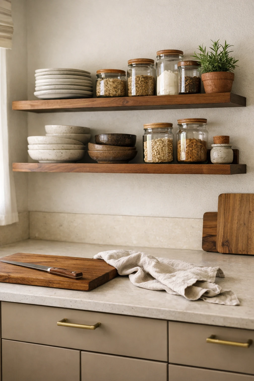 Mid century kitchen with floating wood shelves and ceramic dishware