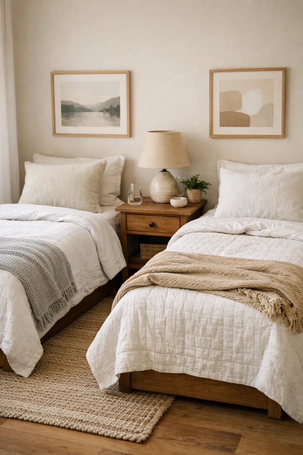 Folded throws at the foot of twin beds add texture and warmth to a guest room.