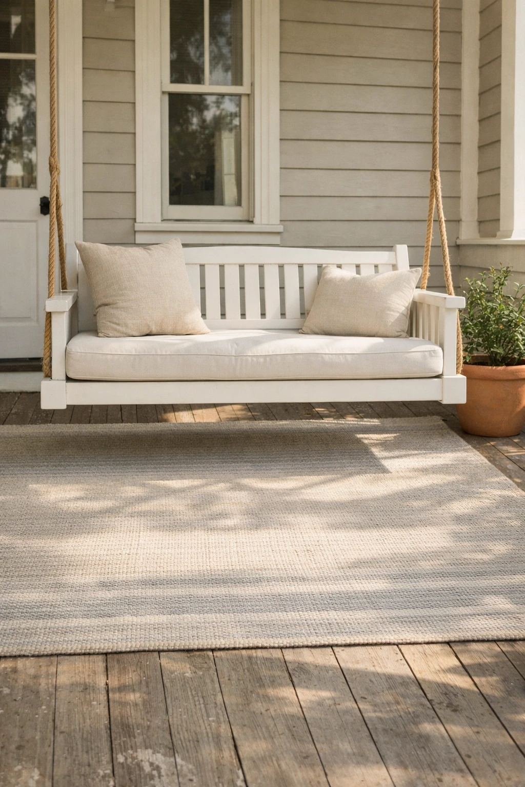 A front porch swing styled over a neutral outdoor rug to create a cozy seating zone.