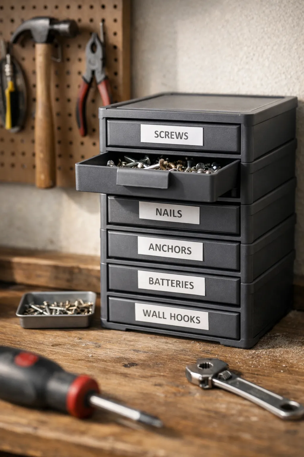 A labeled drawer unit in the garage used to sort screws, batteries, and small hardware.