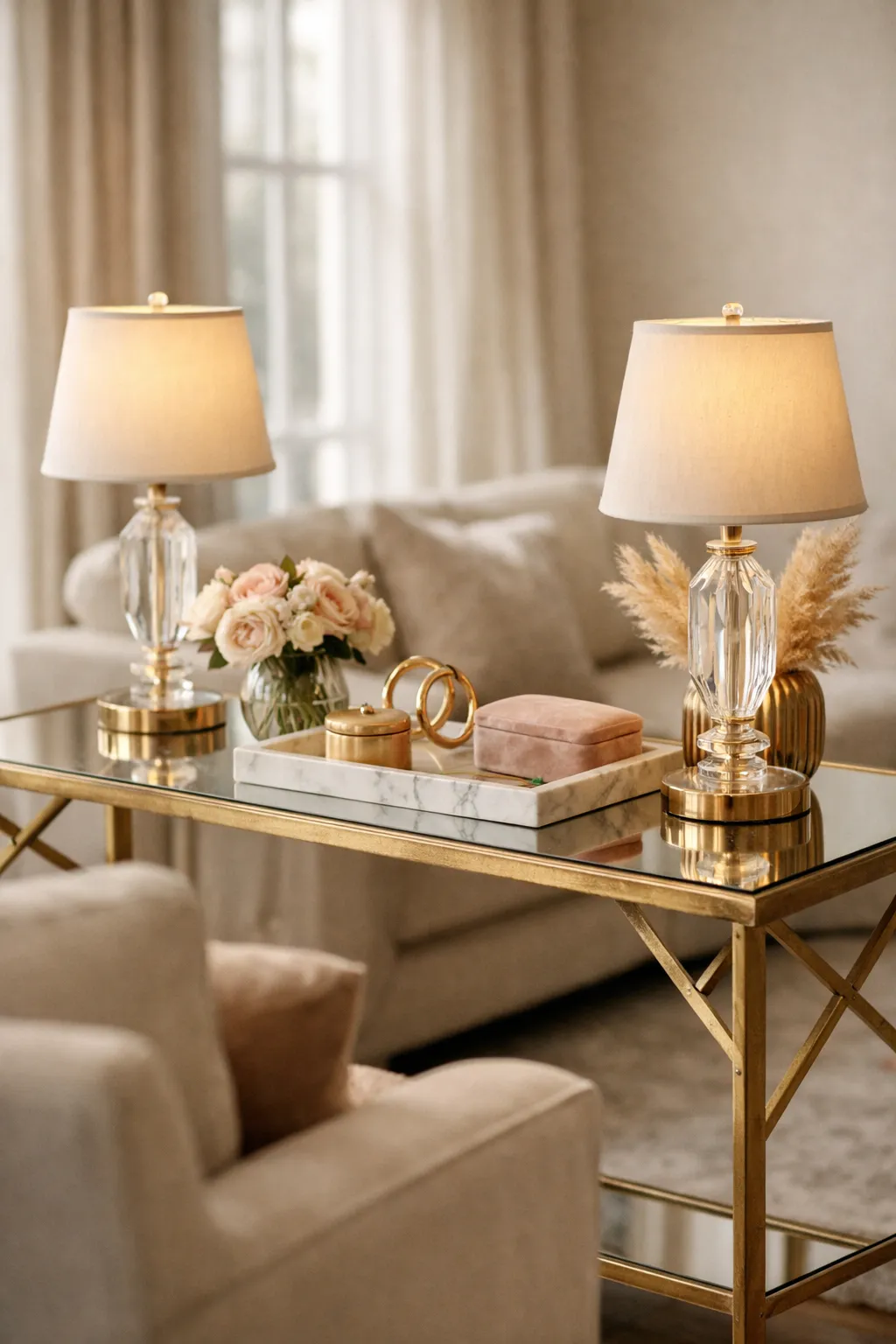 Glam console table with gold accents, marble tray, and crystal lamps.