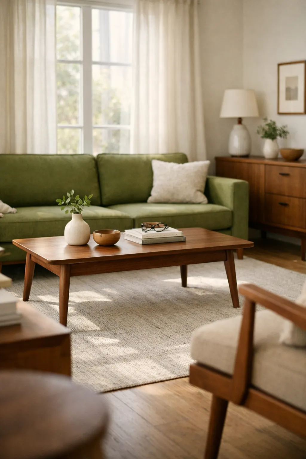 Mid-century living room with a green sofa and walnut furniture.