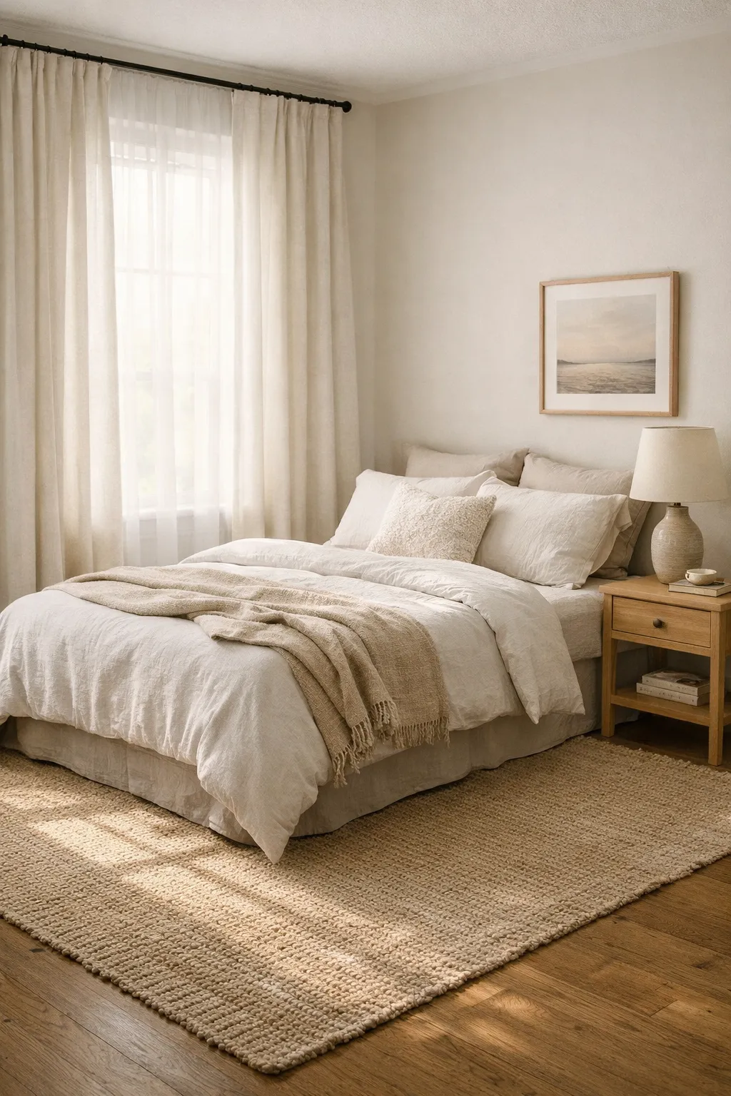A guest bedroom with full-length curtains, a large area rug, and soft layered neutral bedding.