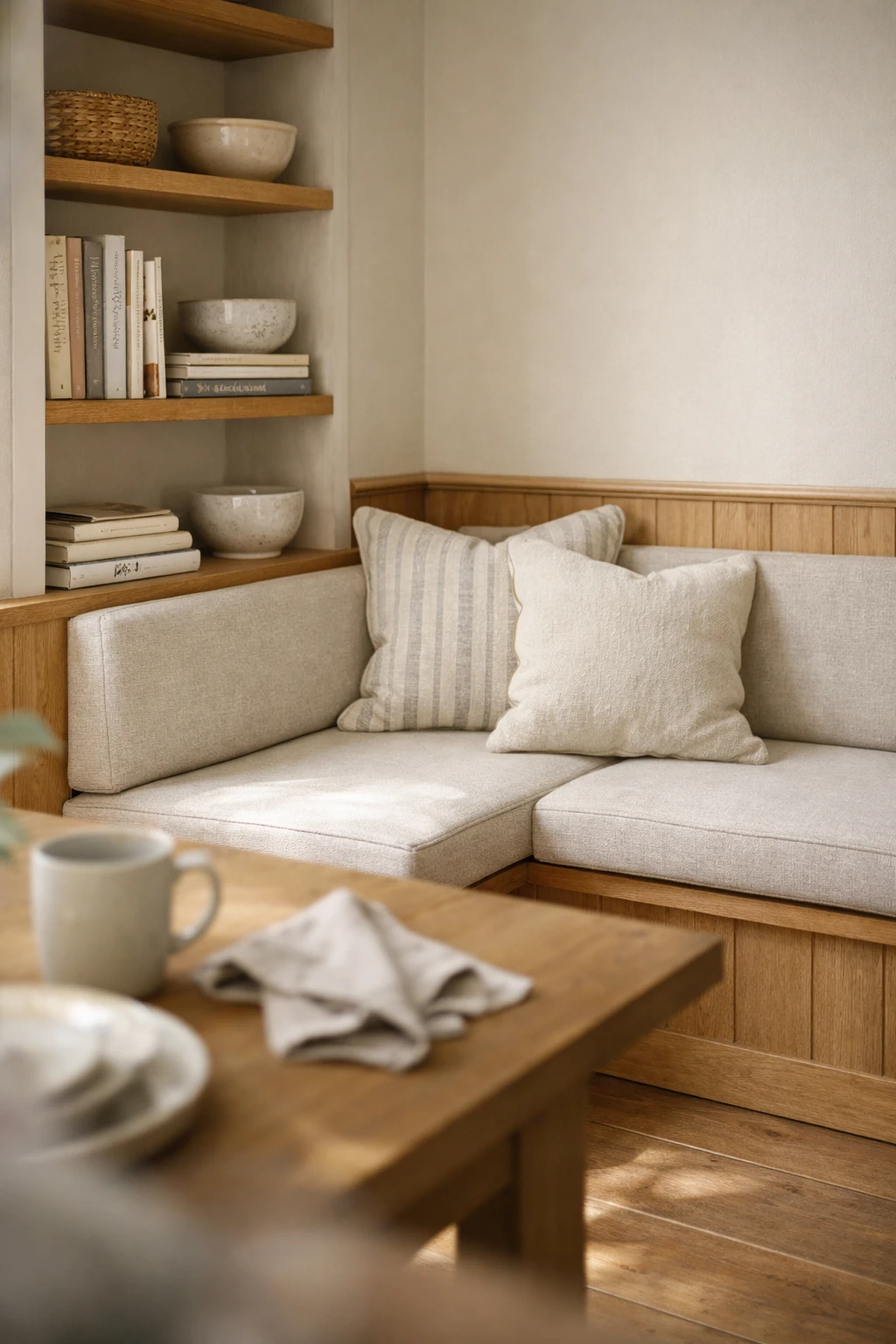 An L-shaped kitchen banquette with open shelving at one end and neutral layered styling.
