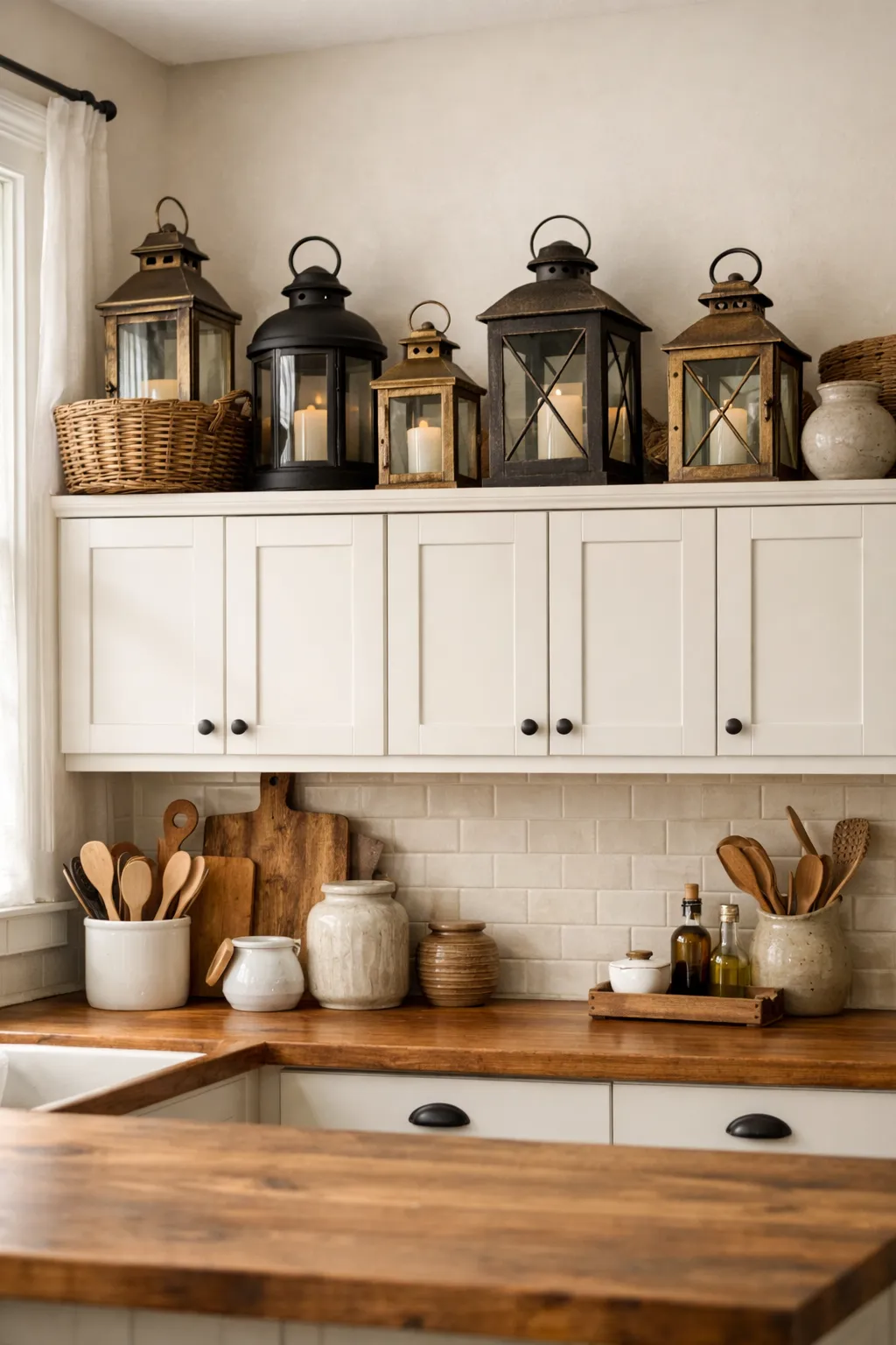 Decorative metal lanterns placed above kitchen cabinets for farmhouse style decor.