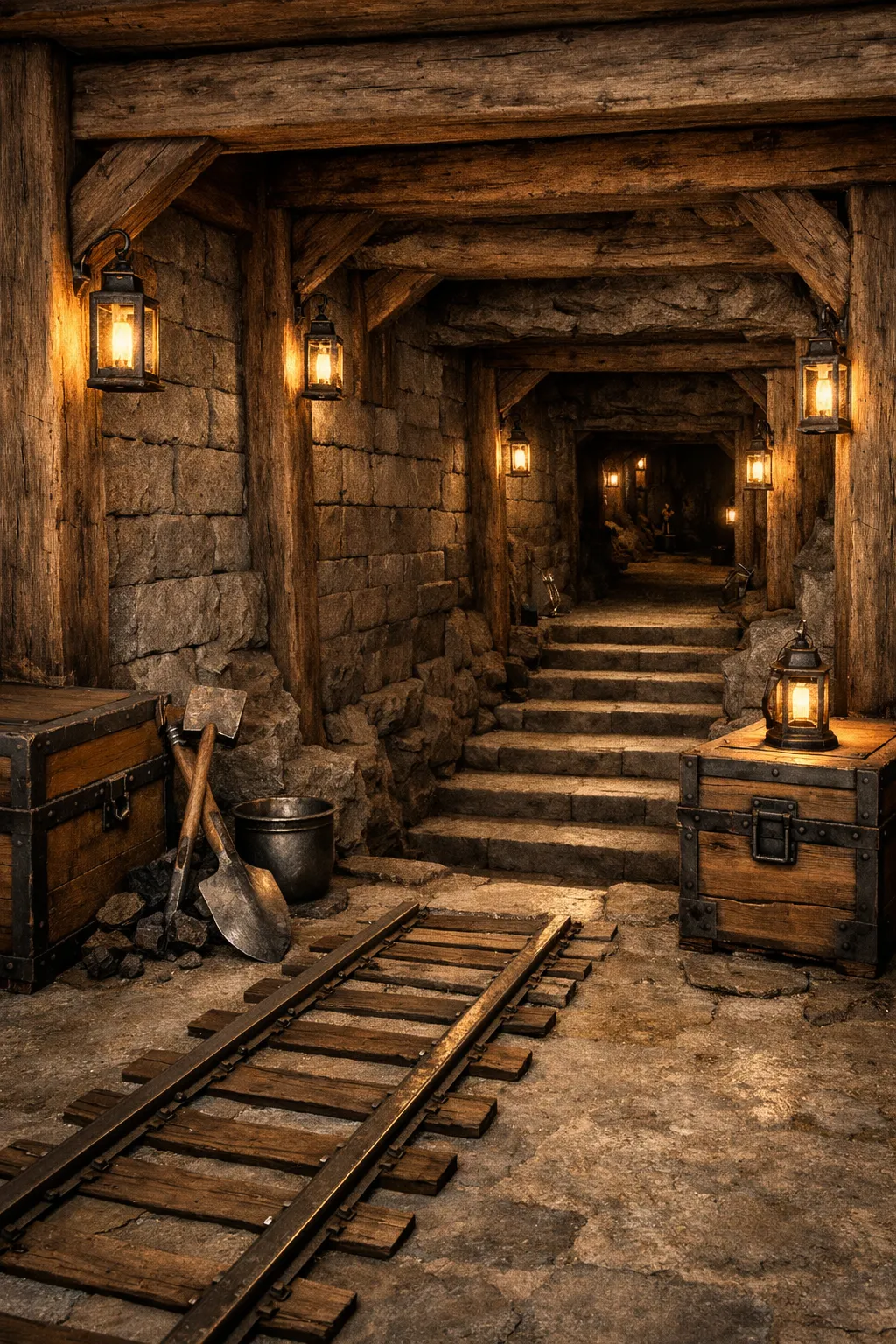 underground Minecraft mining entrance with staircase and rails
