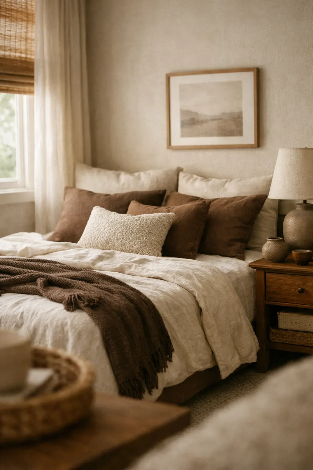 A warm neutral bedroom with mocha accents, oatmeal bedding, and layered textured decor.