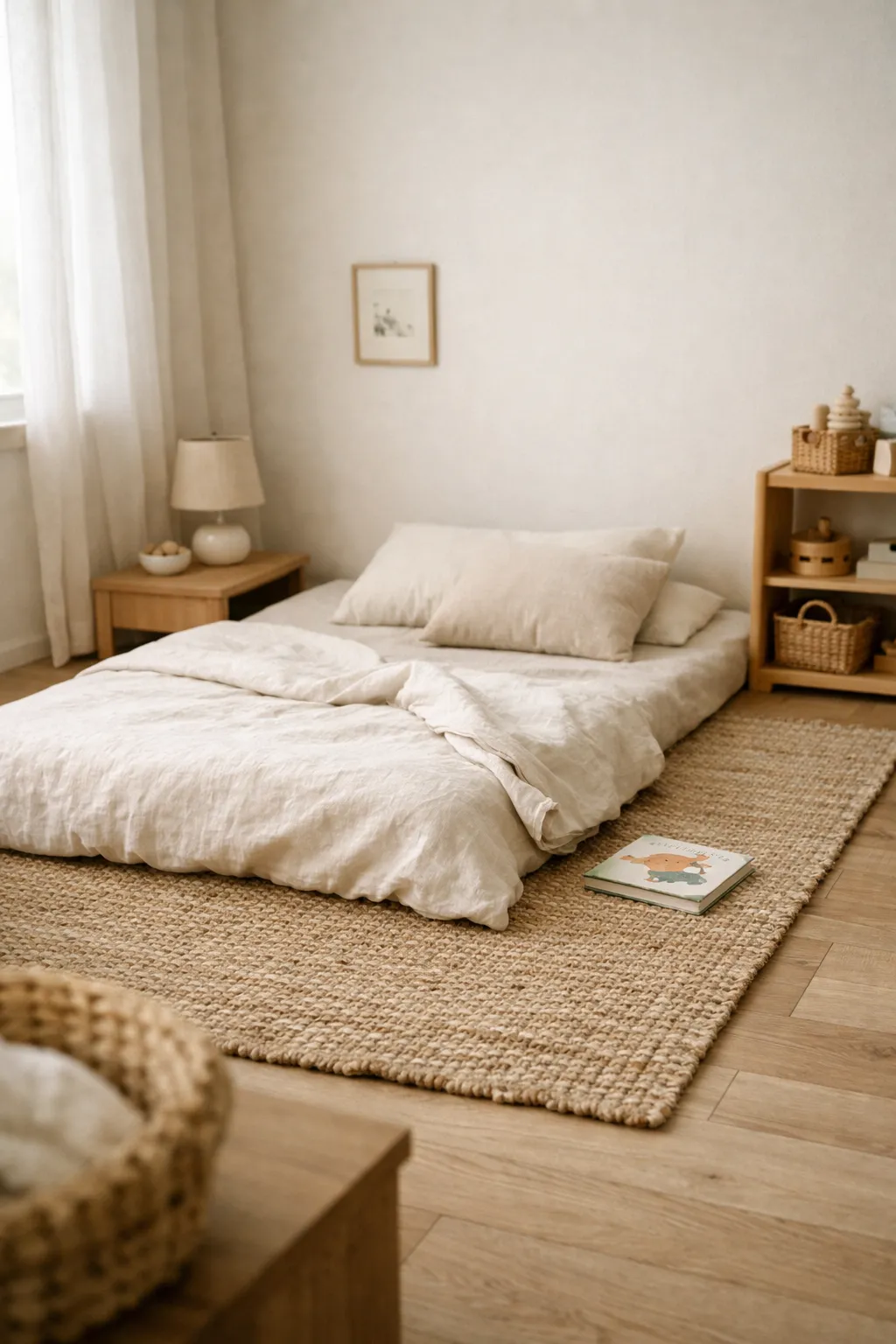 A Montessori bedroom with a clearly defined sleep area, low bed, soft rug, and calming neutral decor.