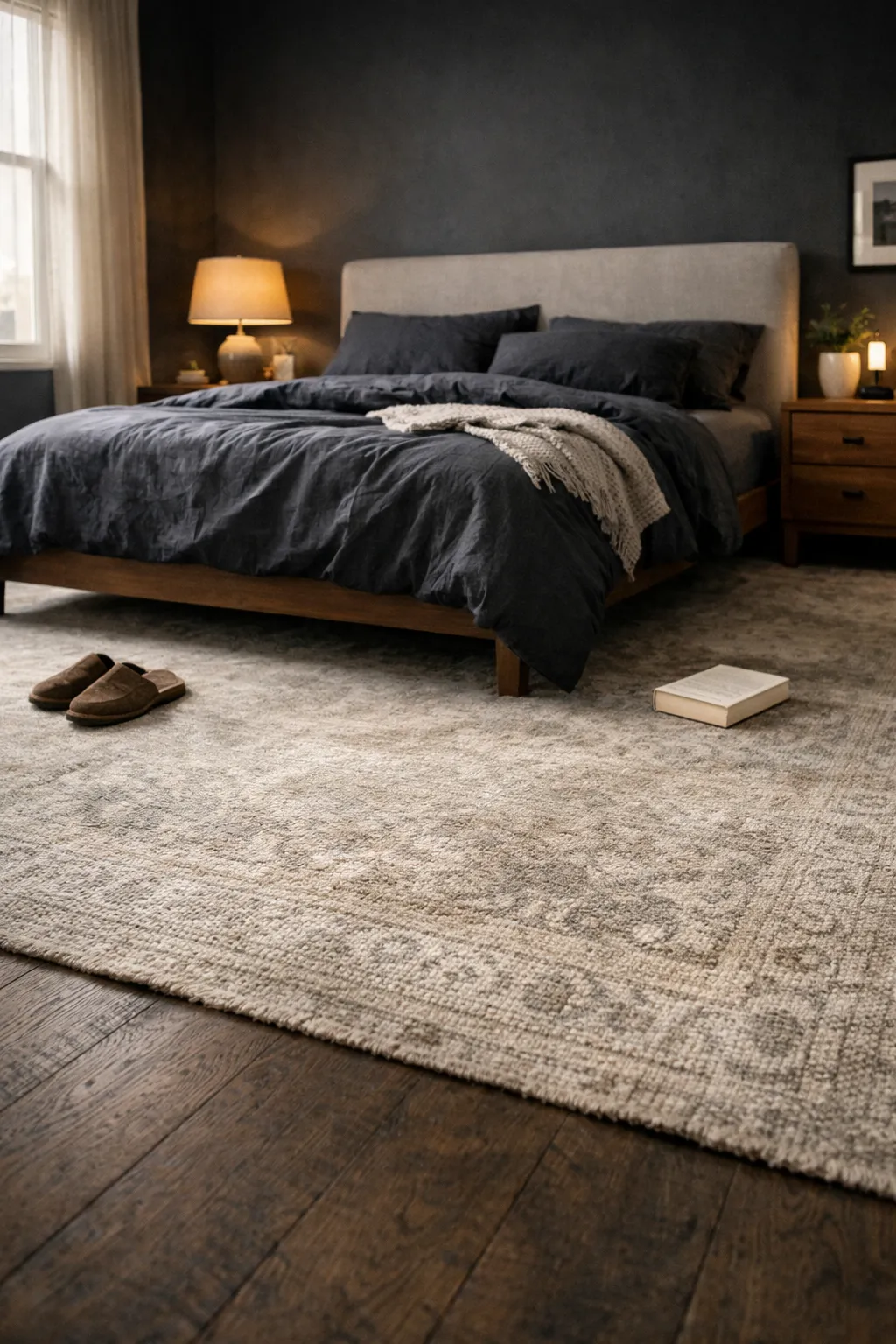 A black bedroom with a large neutral rug under the bed and warm layered decor.