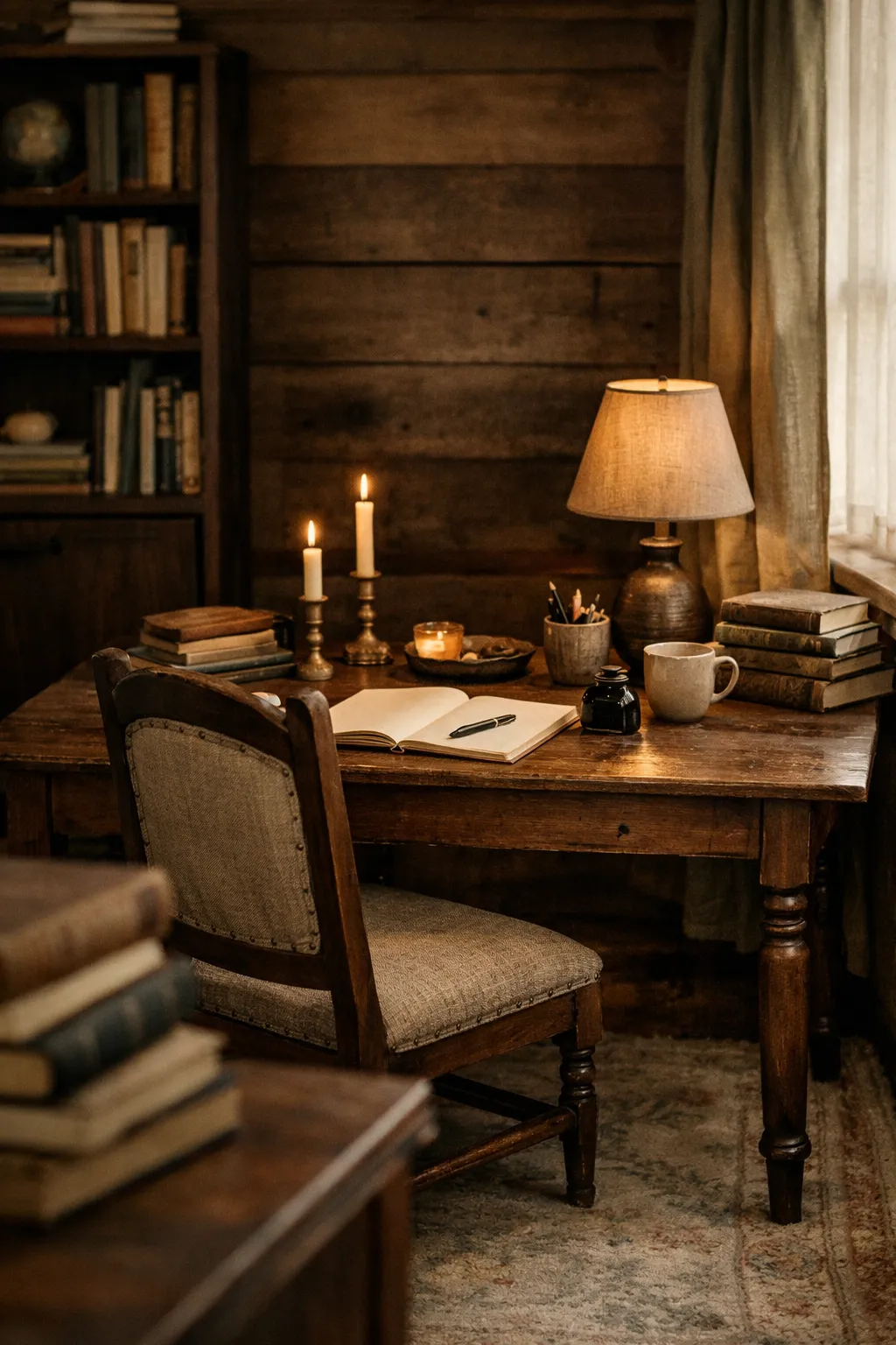 An Animal Crossing basement styled as a moody writer’s room with a desk, books, and dark warm decor.