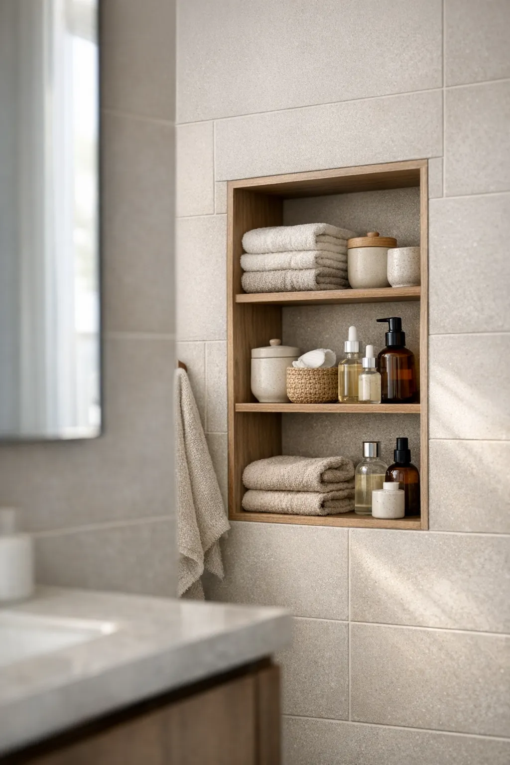 Small bathroom with a recessed wall cabinet storing toiletries and folded towels.
