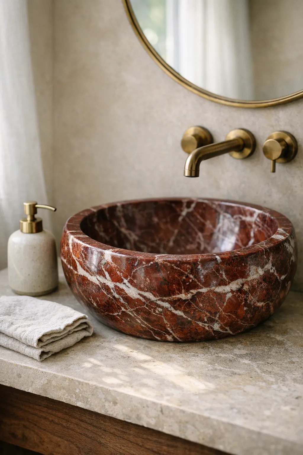 Carved red marble vessel sink placed on a neutral stone countertop in a modern bathroom.