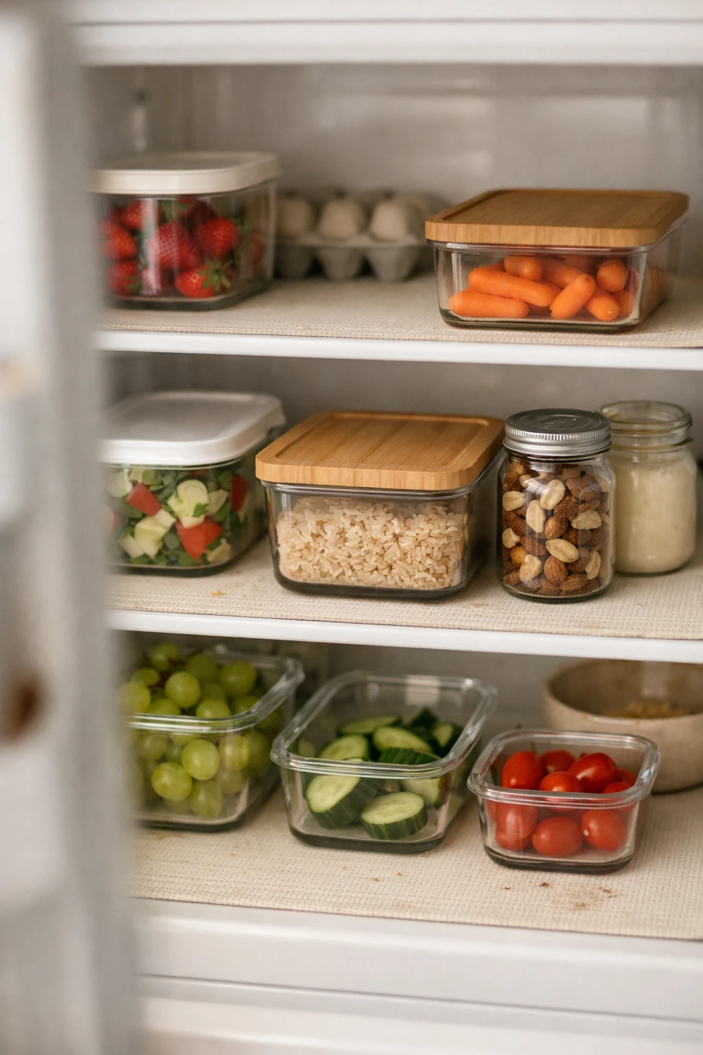 Fridge shelf with washable neutral liner underneath food containers