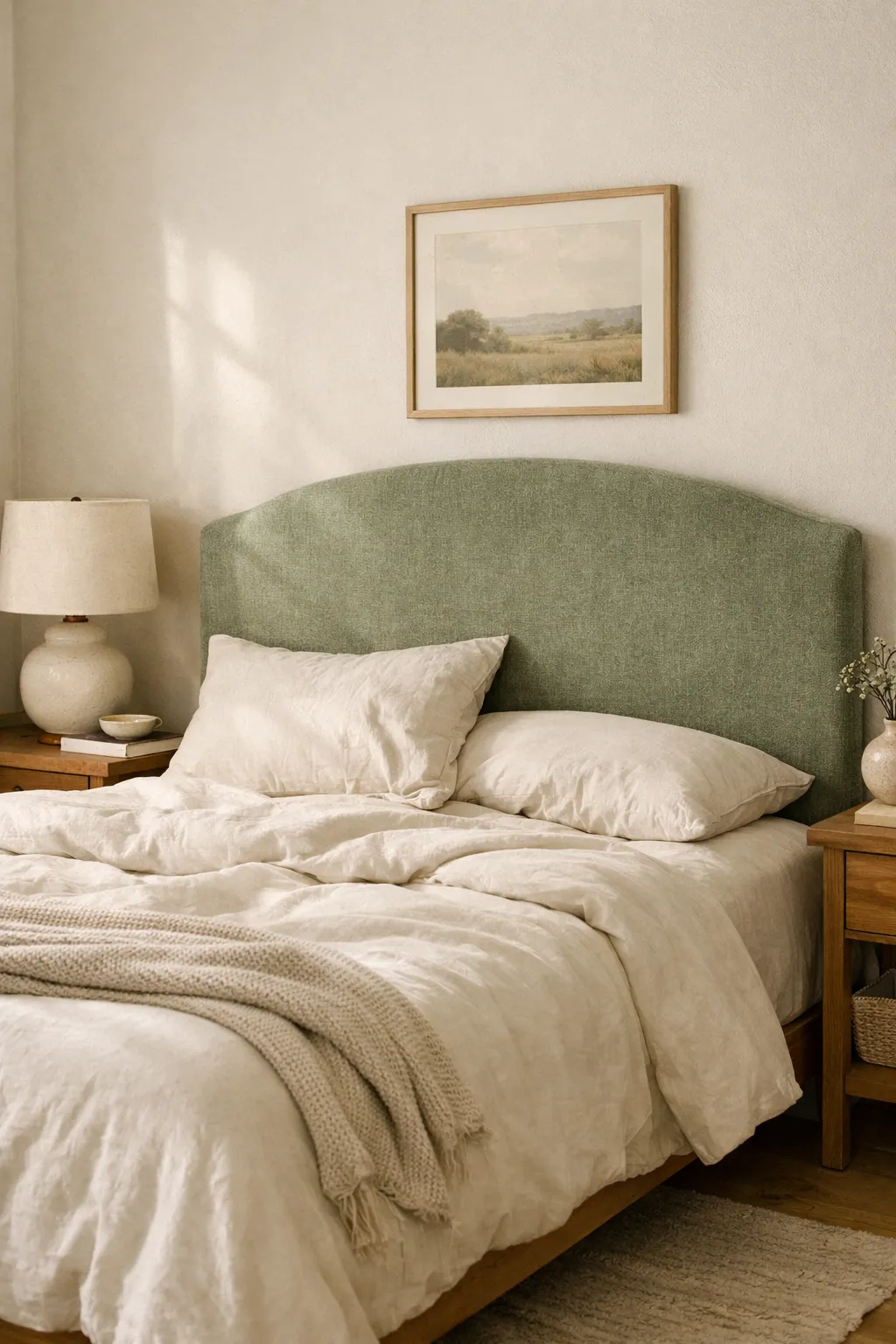 A bedroom with a sage green upholstered headboard, white bedding, and warm daylight.
