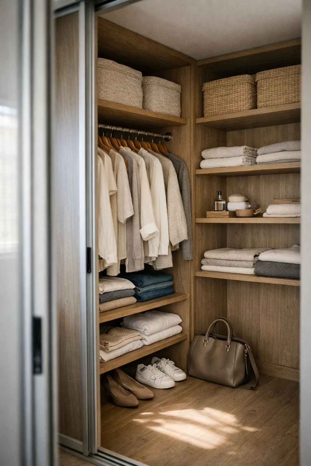 A modern small walk-in corner closet with sliding doors and organized shelving.