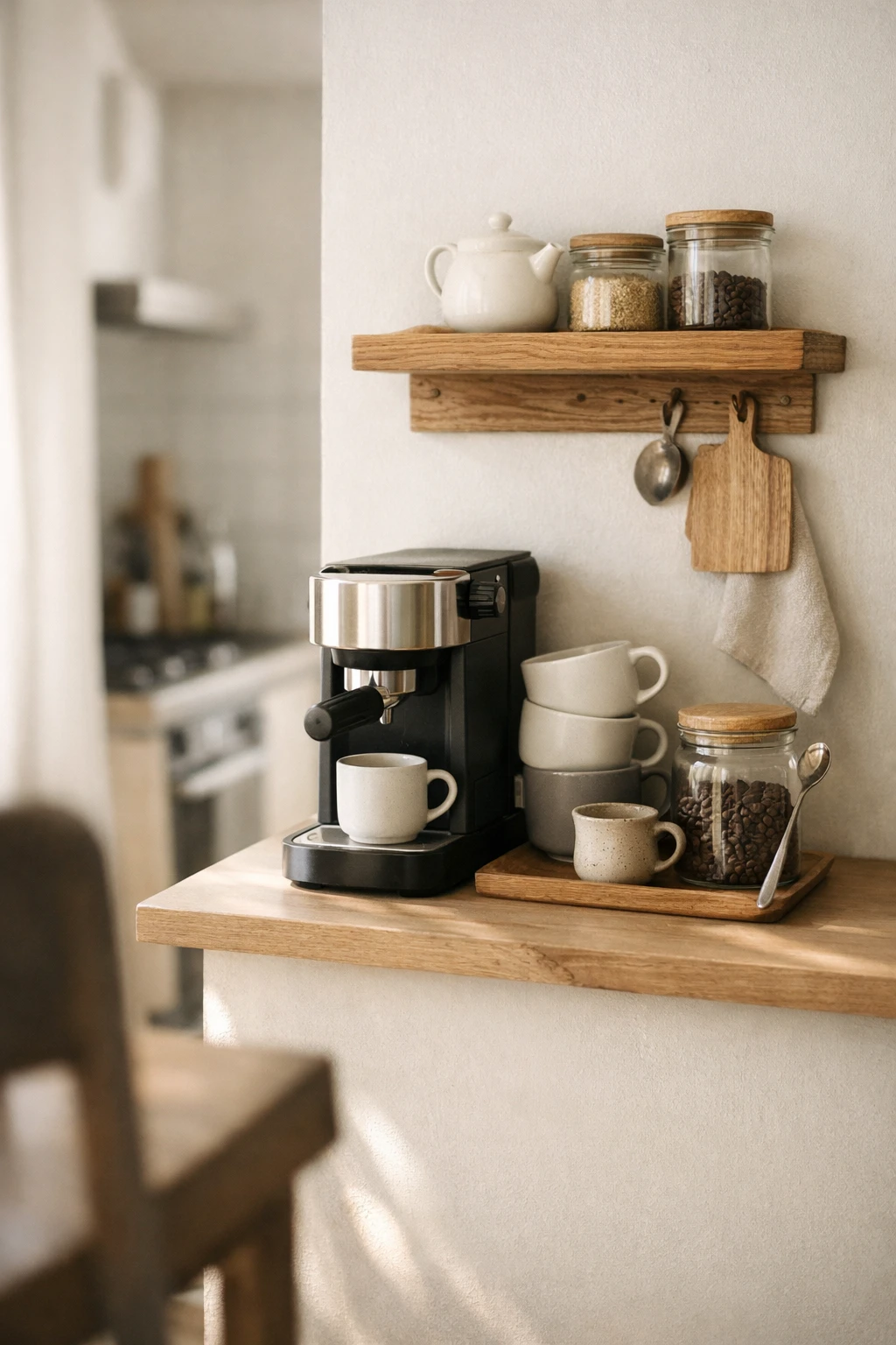 A slim apartment coffee bar on a narrow counter with compact storage and simple decor.