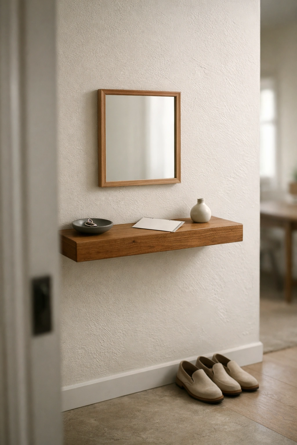 A narrow entrance with a floating wall shelf styled with keys, decor, and a mirror.