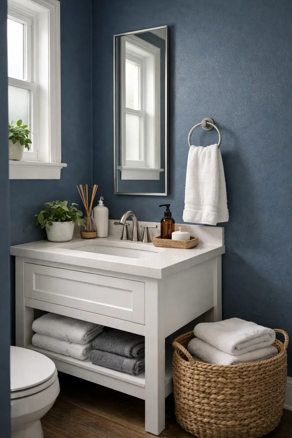 A small bathroom with moody blue accents, white fixtures, and a balanced compact layout.