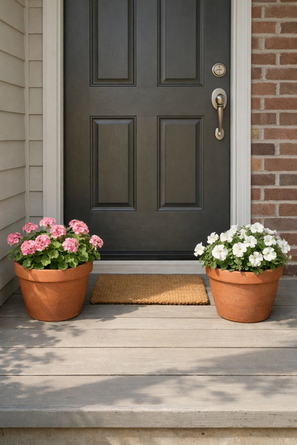 A small front porch uses two flower pots to create a simple balanced entry.