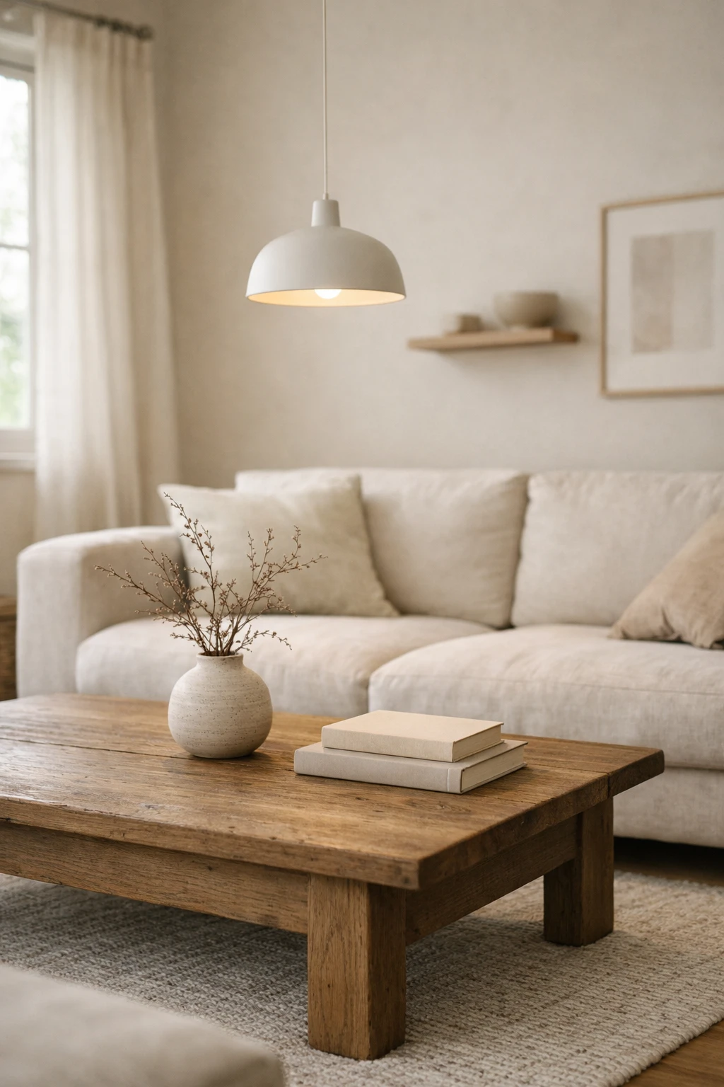 Japandi living room with beige walls, linen sofa, and warm wood furniture.
