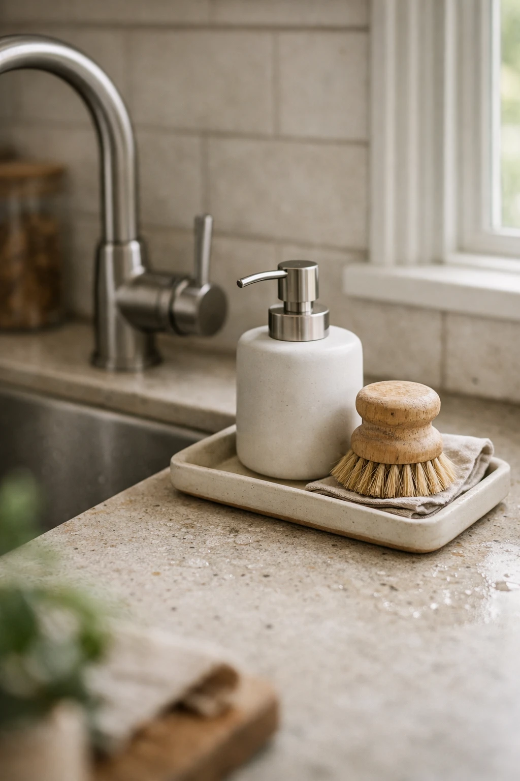 A clean kitchen sink area with a soap dispenser, scrub brush, and small tray on the counter.