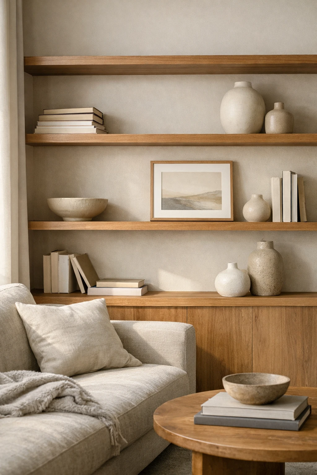 A luxury living room with curated open shelves styled with books, ceramics, and open space.