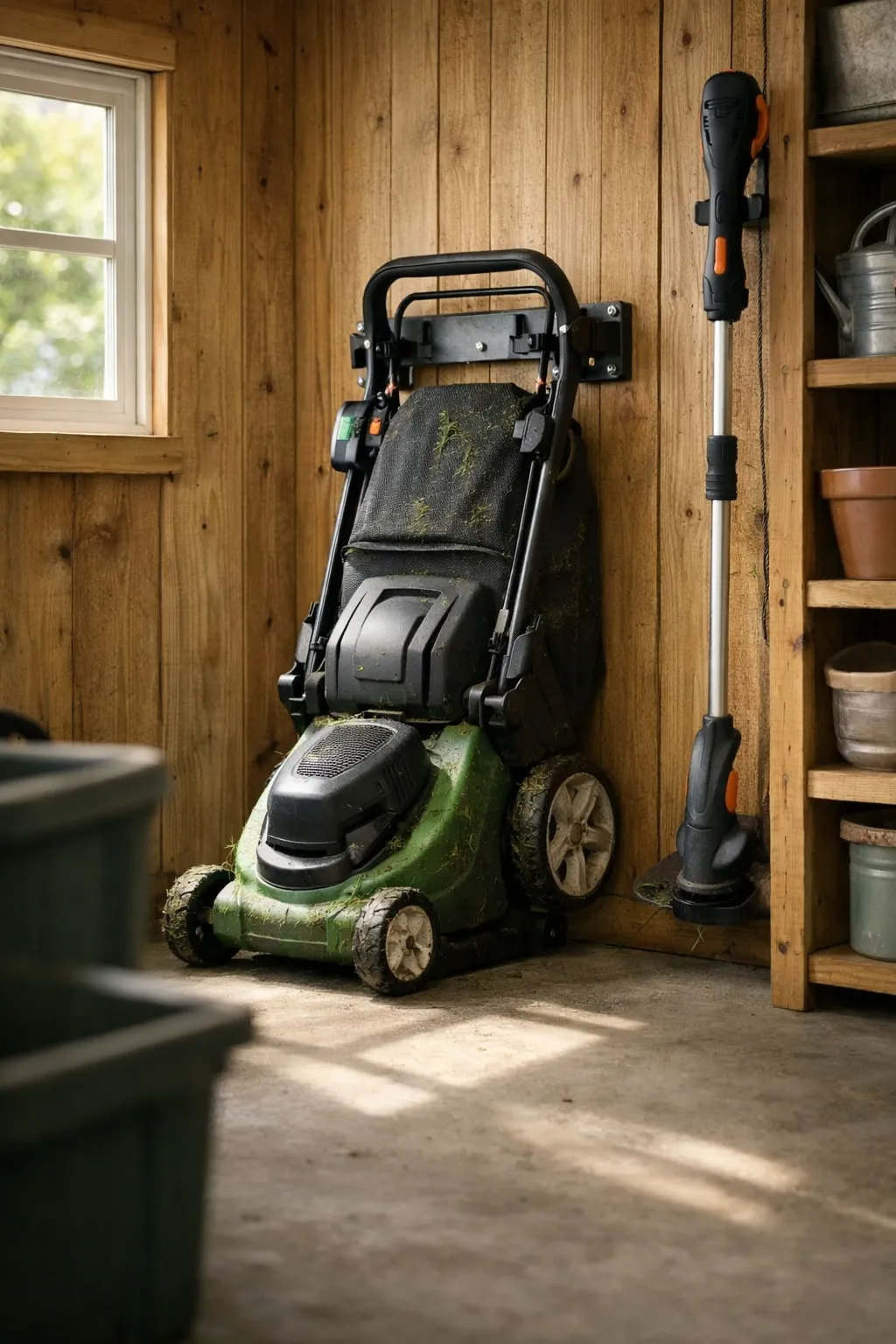 Push mower stored upright against shed wall to save space.