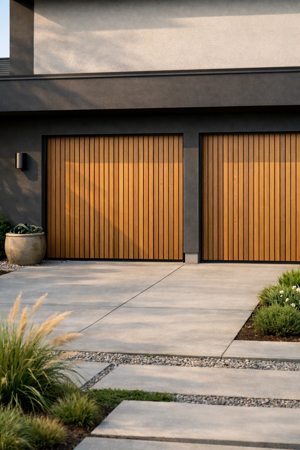 A contemporary home with vertical slat garage doors and warm wood exterior accents.