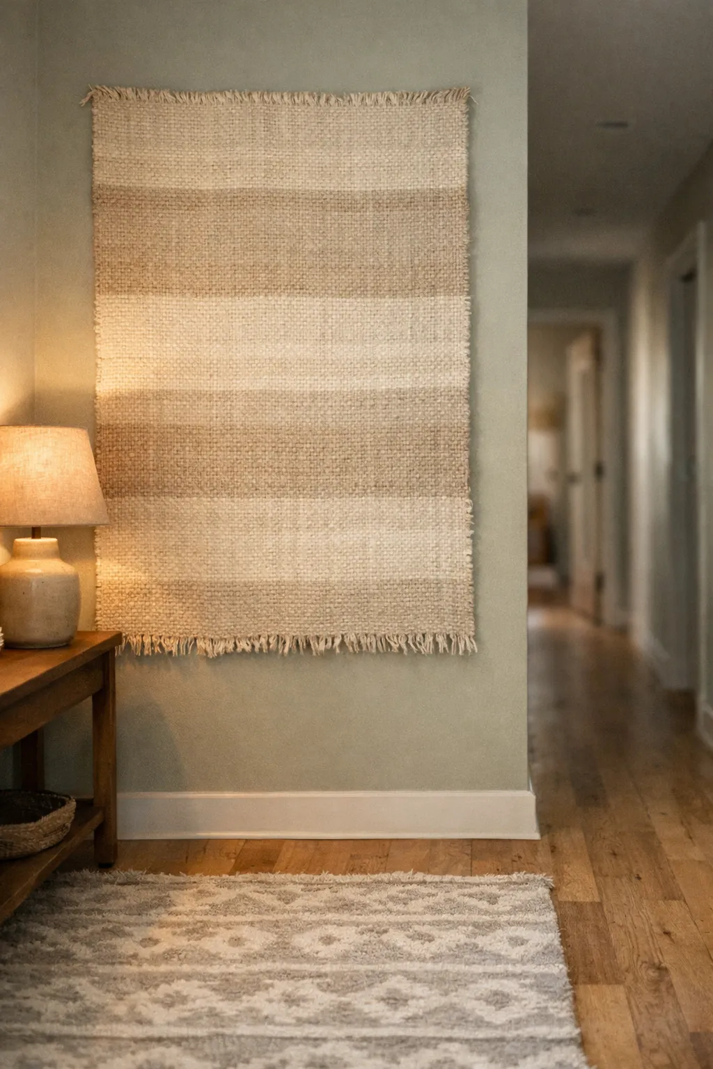 Neutral woven textile hanging on hallway wall in bohemian decor.