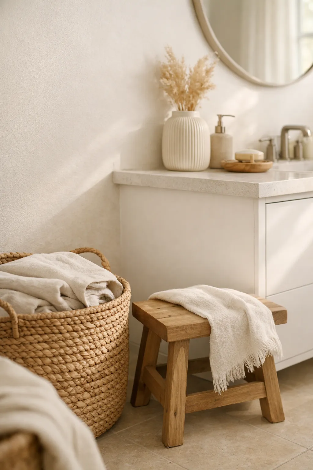 A warm white bathroom with layered textures and modern styling.