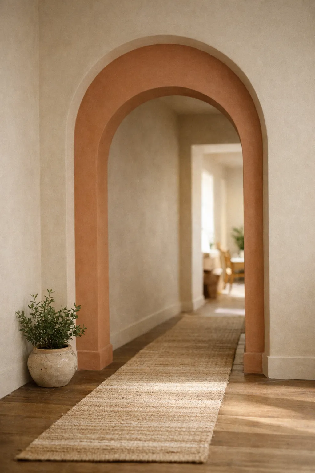 Arched doorway painted in soft contrasting tone in bohemian hallway.